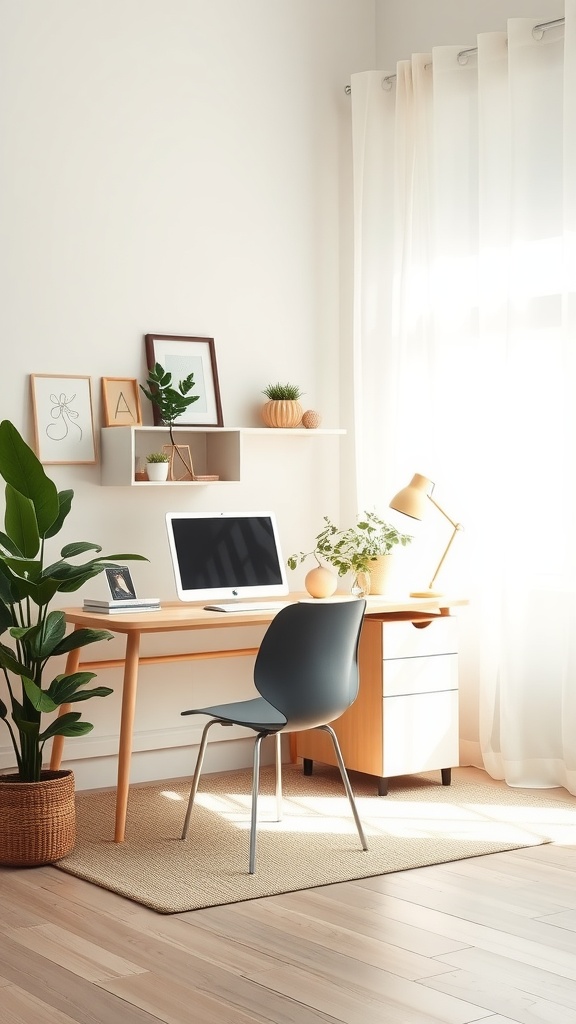 A serene small home office setup with a desk, computer, plants, and natural light.