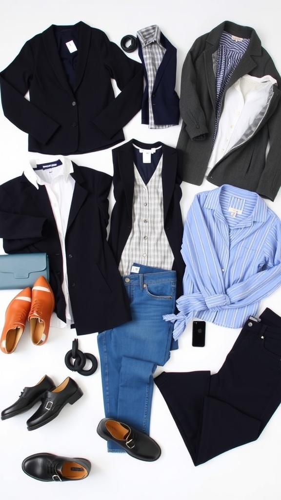 A variety of business casual outfits including blazers, shirts, jeans, and shoes suitable for a capsule wardrobe.