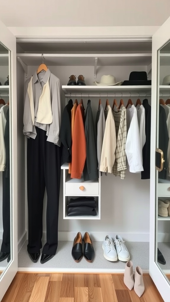 A neatly organized closet displaying business casual outfits with a variety of shirts, pants, and shoes.