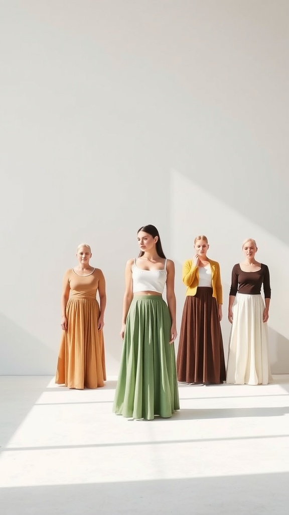 Models showcasing various styles of maxi skirts in a bright studio