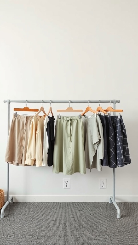 A rack displaying a variety of skirts in different colors and styles, suitable for business casual outfits.