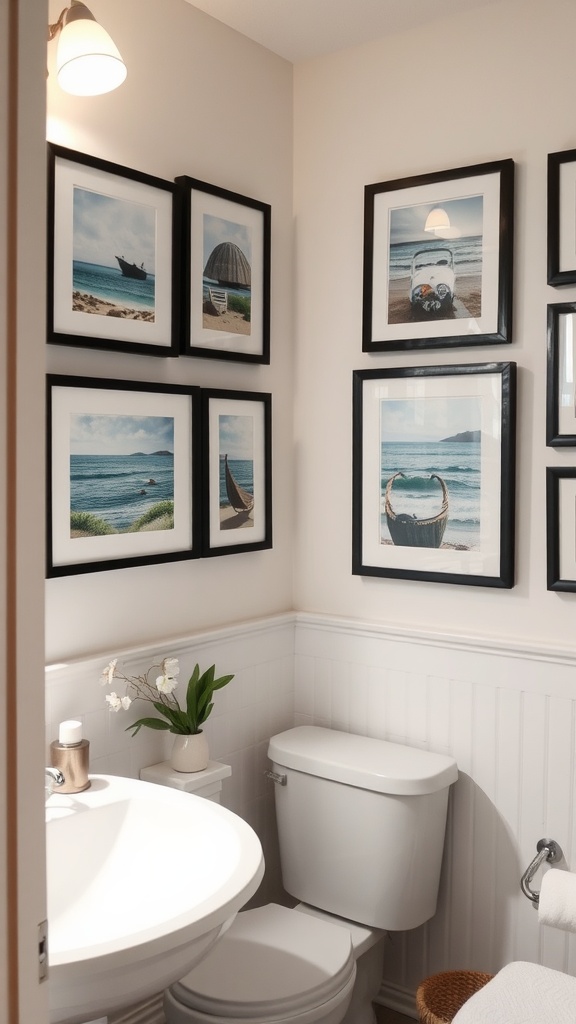 Coastal gallery wall in a bathroom featuring framed sea-themed art.