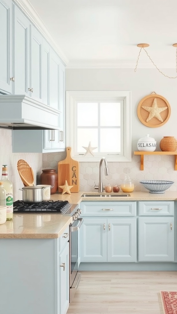A bright kitchen featuring light blue cabinets, a warm countertop, starfish decor, and hanging lights.