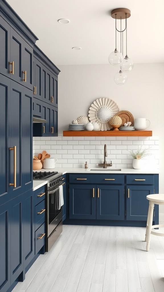 A modern kitchen with navy blue cabinets, white subway tiles, and warm wooden accents.