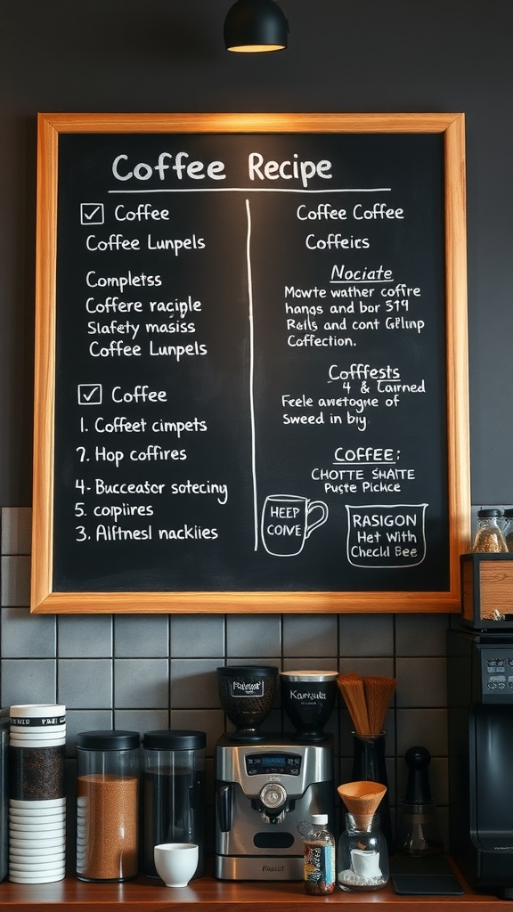 Chalkboard coffee recipe board with ingredients and coffee making tips