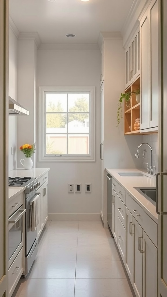 A small galley kitchen featuring soft neutral tones, natural light, and plants for decoration.