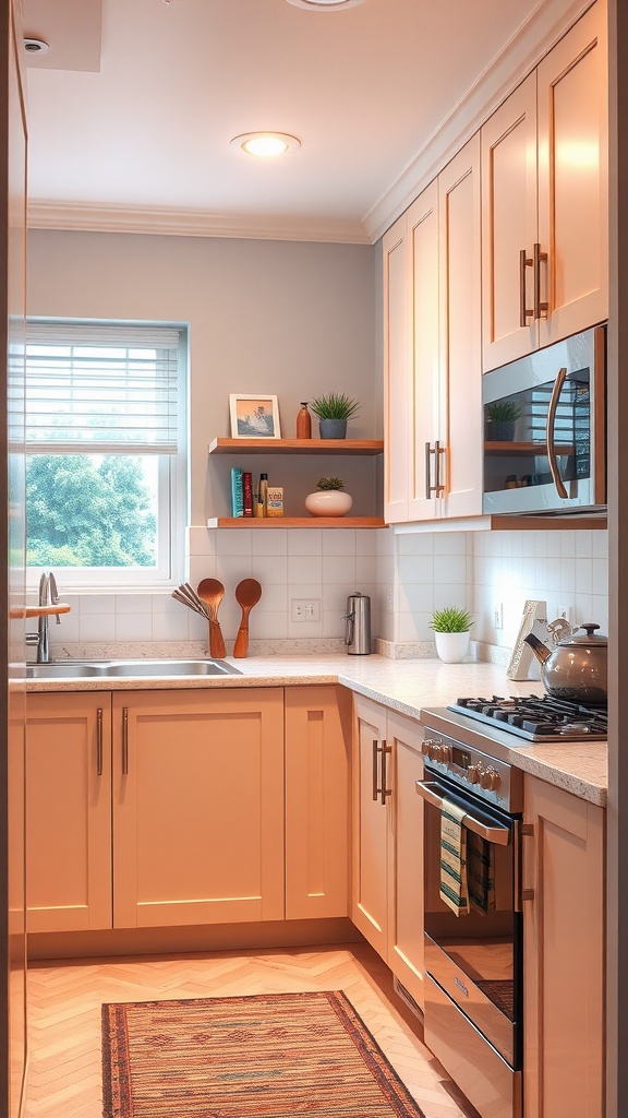 A small apartment kitchen featuring light cabinetry, a soft wall color, and open shelving with decorative items.