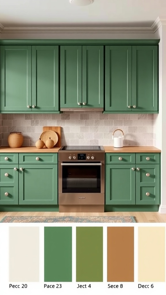A modern kitchen featuring green cabinets with a light backsplash and wooden countertops, accompanied by a color palette of soft creams and earthy tones.