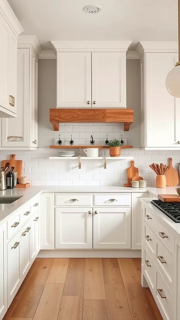 Farmhouse kitchen with white cabinets and wooden accents