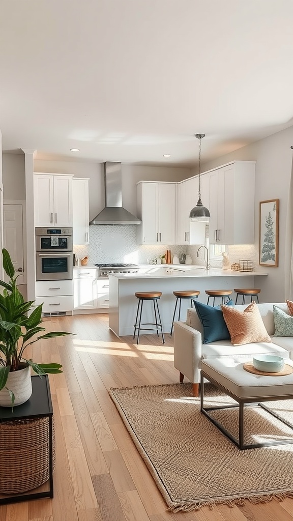 Bright kitchen featuring white cabinets, wooden bar stools, and natural light.
