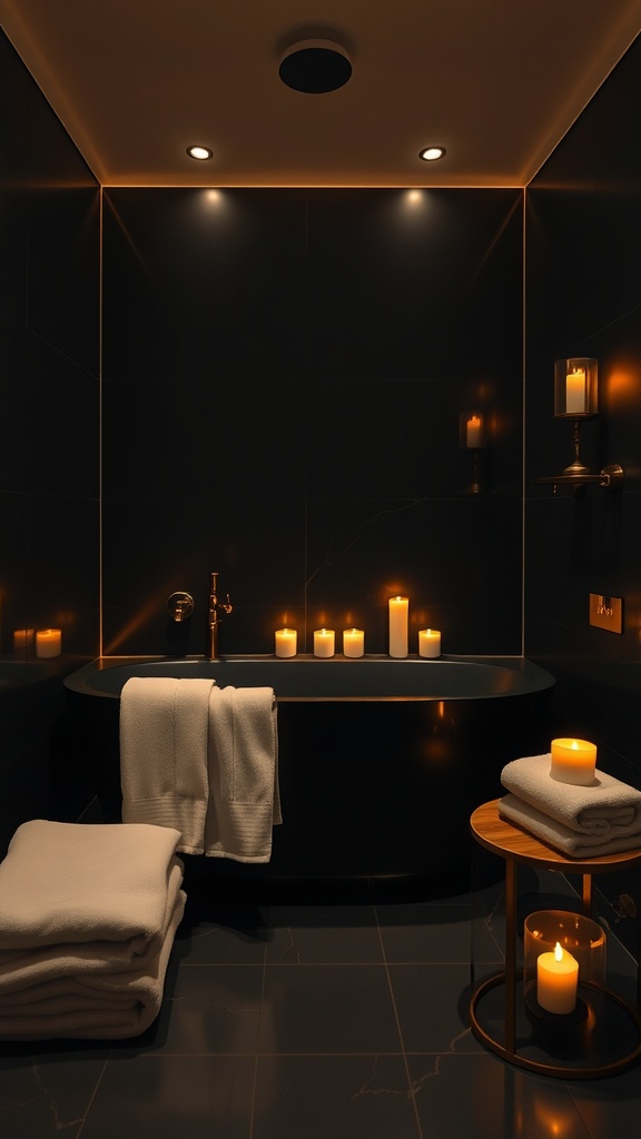 A cozy black bathroom with a bathtub surrounded by candles and fluffy towels.