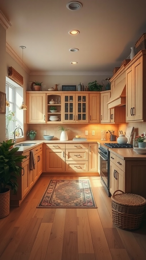 Cozy kitchen featuring beige cabinets, warm wooden flooring, and natural light.
