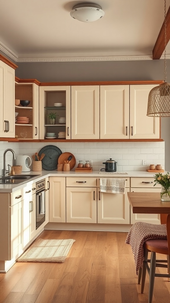A cozy kitchen with cream cabinets and wooden accents, featuring an inviting atmosphere.