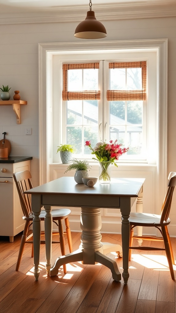 Cozy breakfast nook with a farmhouse kitchen table and two chairs, sunlight streaming through windows, and a vase of flowers.