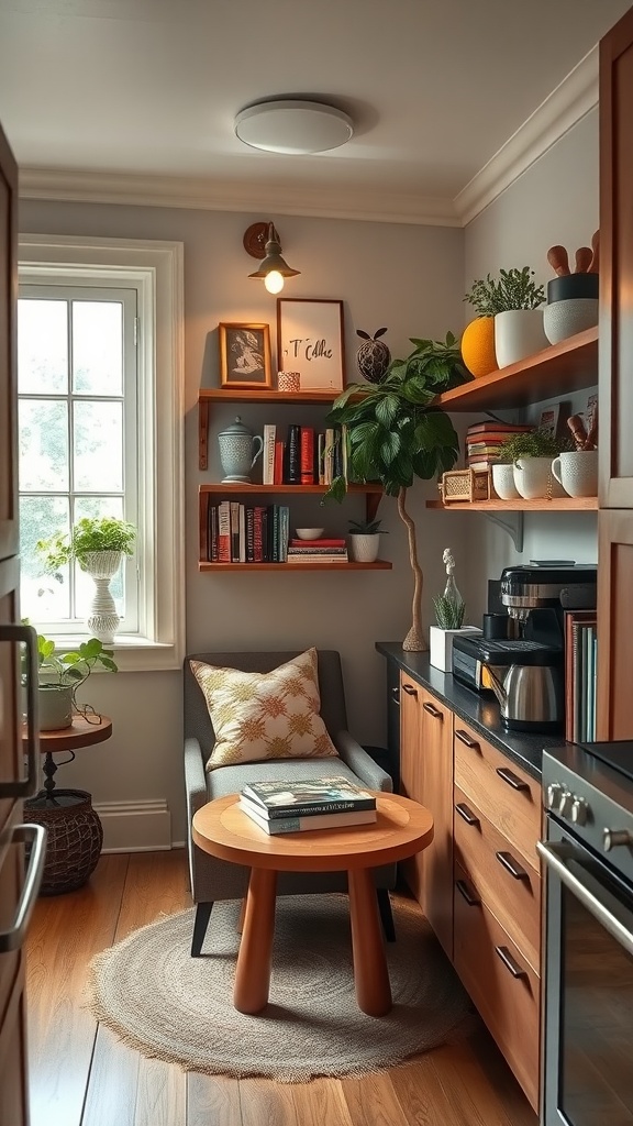 Cozy coffee nook corner in a kitchen with a chair, table, shelves, and coffee maker.