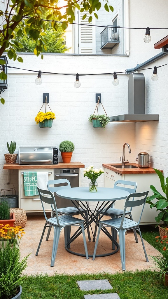 A small outdoor kitchen with a cozy dining area featuring a round table, chairs, and vibrant plants.