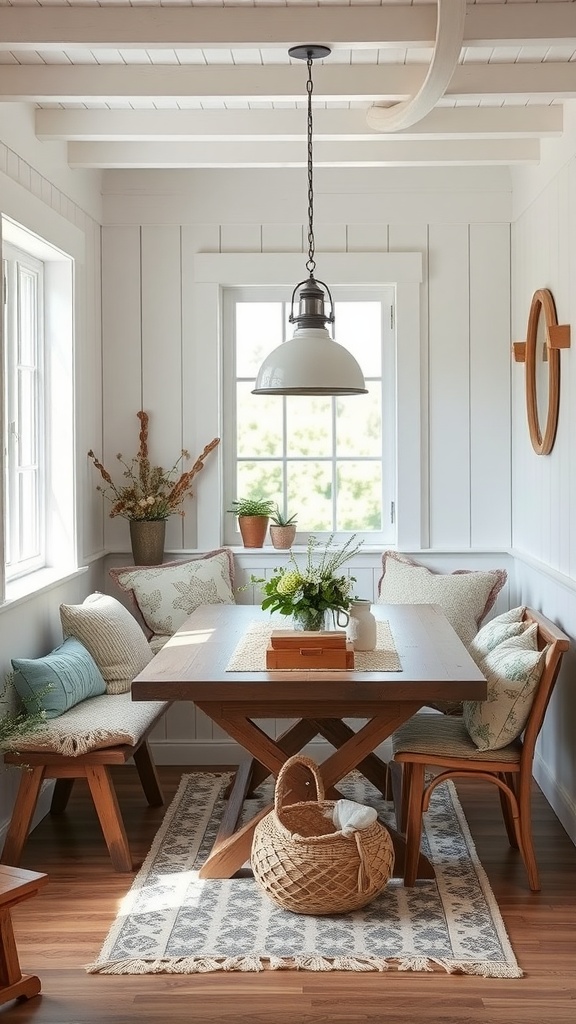 A cozy farmhouse-style kitchen nook with a wooden table, built-in benches, and plants.