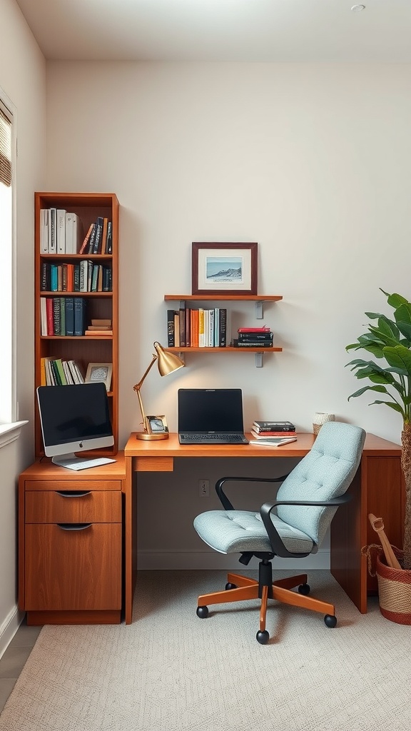 Cozy home office with a reading nook featuring a desk, chair, bookshelf, and plants