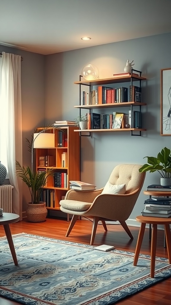 A cozy reading nook featuring a comfortable chair, bookshelf, and warm lighting.