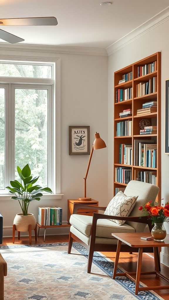 A cozy reading nook in a mid-century modern living room featuring a comfortable chair, a side table, and decorative elements.
