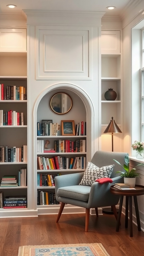 Cozy reading nook with built-in shelves, a comfy chair, and soft lighting.