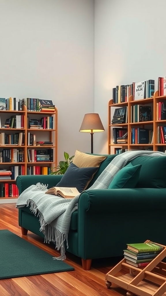 A cozy living room featuring a green couch, bookshelves, and a lamp, perfect for reading.