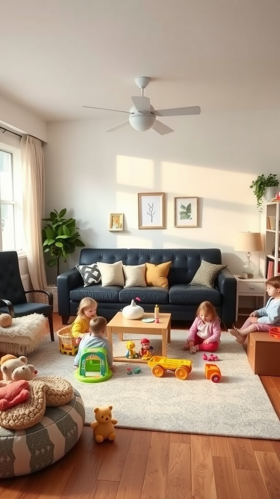 A family-friendly living room with a black couch, children playing on the floor, and colorful toys scattered around.