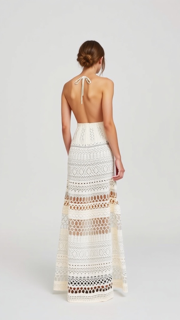 A woman wearing a crochet maxi skirt with an A-line silhouette, showcasing intricate patterns and a halter neck design.