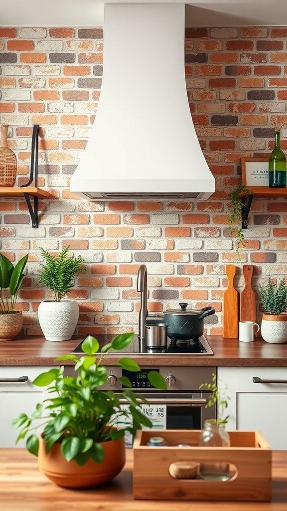 Farmhouse kitchen featuring a brick backsplash with modern elements and greenery.