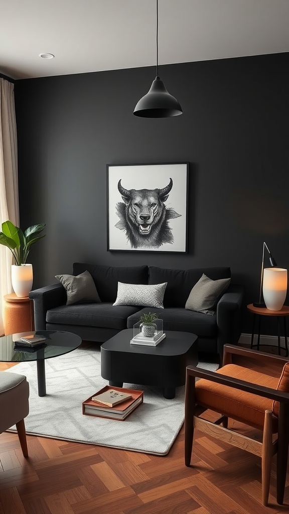 Living room featuring a black couch, artwork, and warm wooden accents.