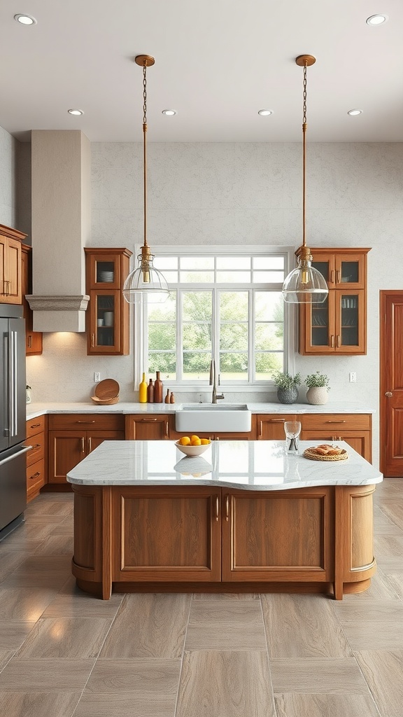 A kitchen featuring double islands, with wooden cabinetry and marble countertops under elegant pendant lights.