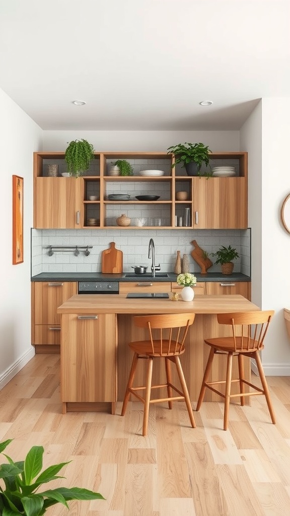 A stylish mini kitchen featuring a functional wooden island with two stools, surrounded by modern cabinetry and greenery.
