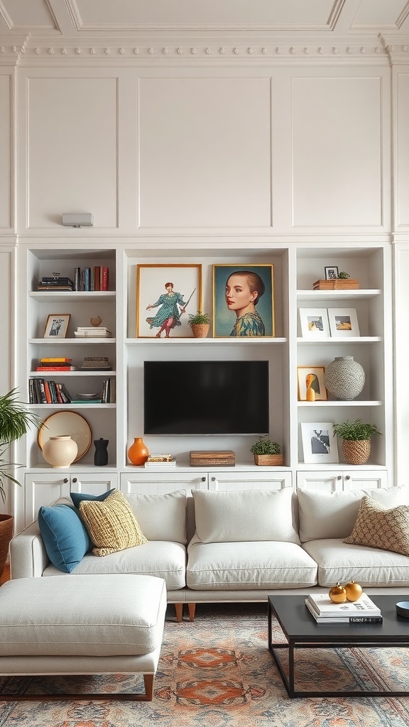 A modern living room with built-in shelves displaying art, plants, and books.