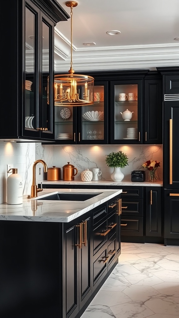Luxurious kitchen featuring black cabinets, gold accents, and a marble countertop