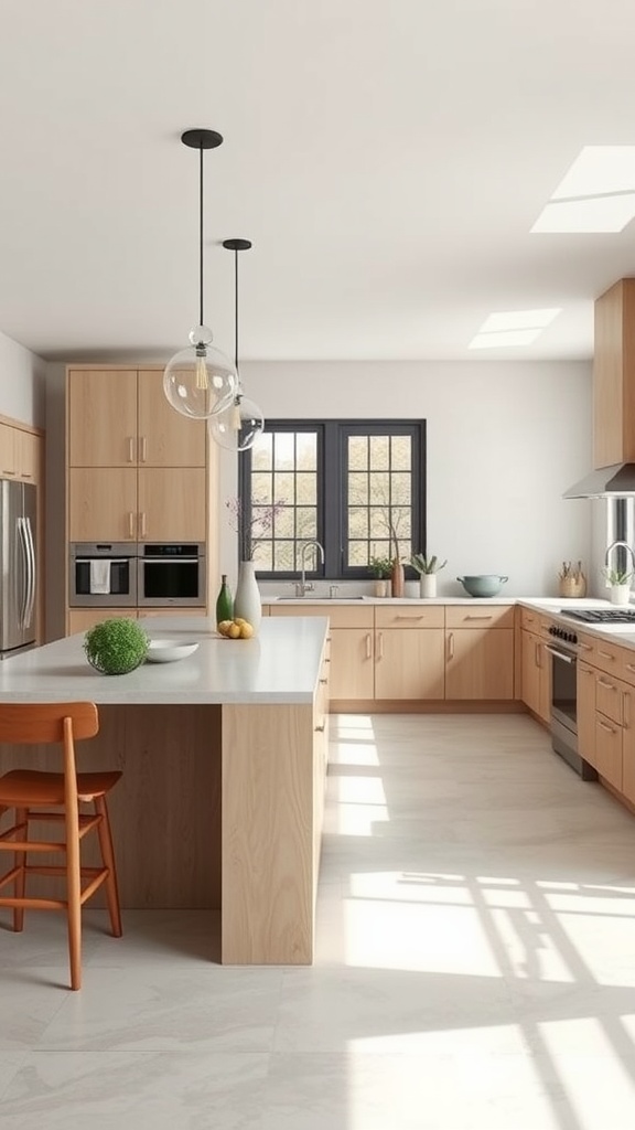 A modern kitchen with a large island, wooden cabinets, and stylish lighting fixtures.