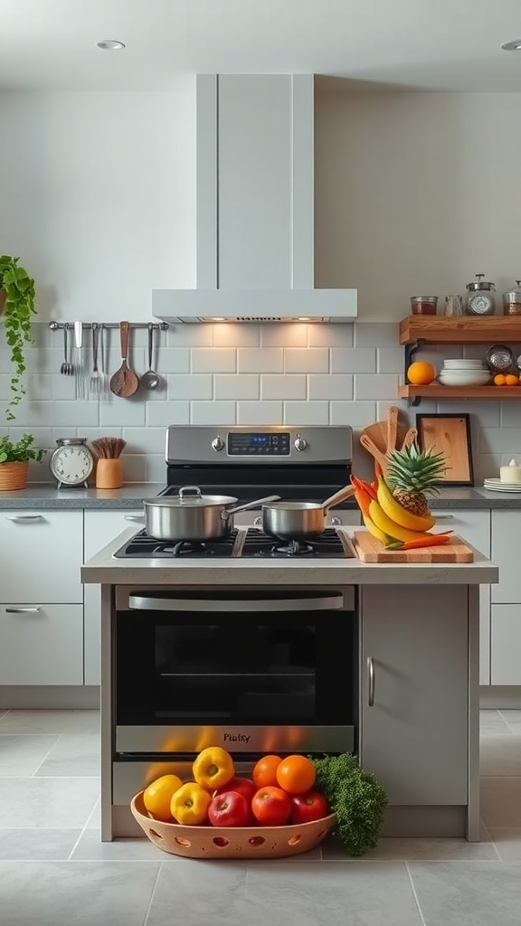 A modern kitchen island with a stove, featuring pots cooking and a variety of fresh fruits and vegetables.