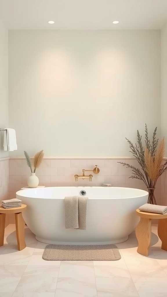 A serene bathroom featuring a freestanding tub, soft colors, and natural decor.