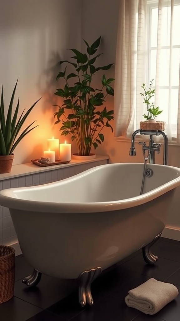 A serene bathroom featuring a clawfoot tub, candles, and plants for a spa-like atmosphere.