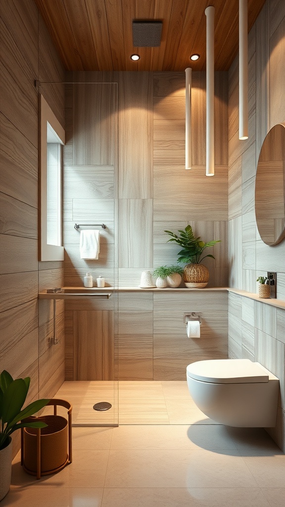 A modern bathroom with wood look tile shower walls and natural decor.
