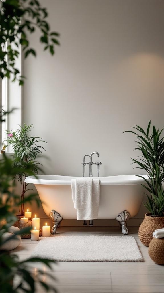 A cozy and inviting bathroom featuring a clawfoot tub, candles, plants, and soft textures for a spa-like atmosphere.
