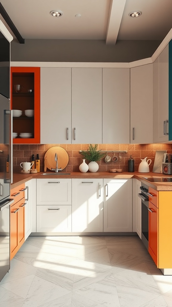 A modern kitchen featuring two-tone cabinets: white and vibrant orange.