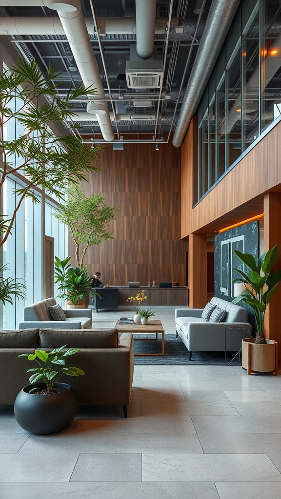 Modern office reception area with comfortable seating, large windows, and plants