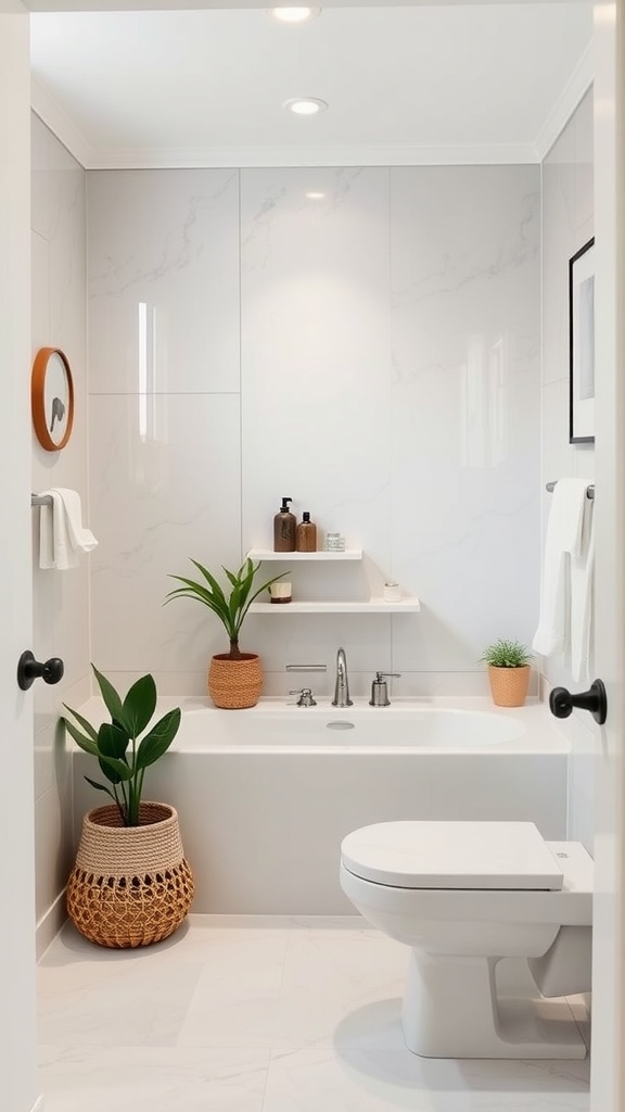 A small, organized bathroom with a clean and minimalistic design, featuring plants and light colors.