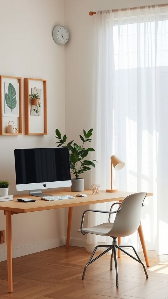 A minimalist home office with a wooden desk, computer, plant, and natural light.