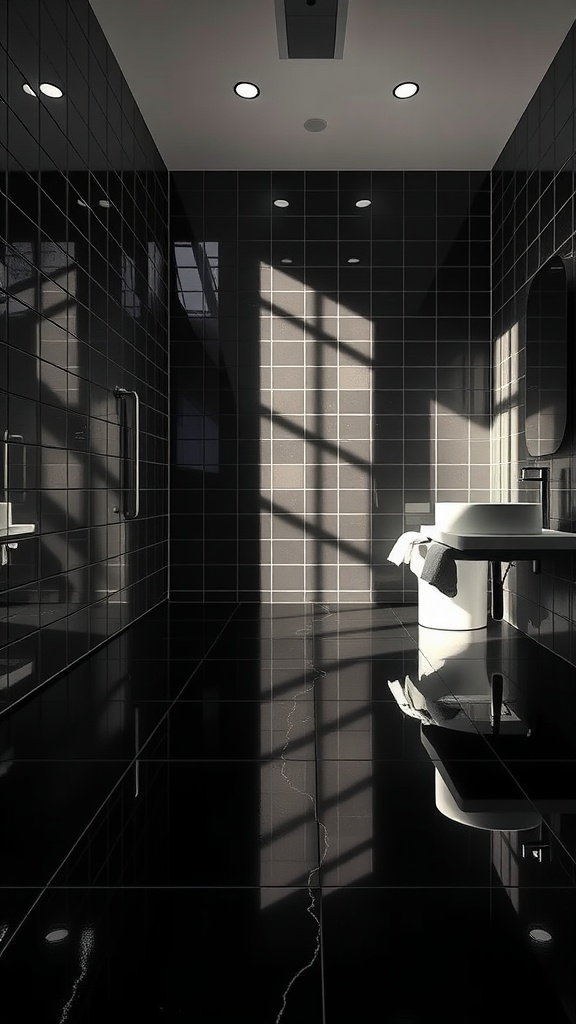 A modern black bathroom with glossy tiles and bright lighting.