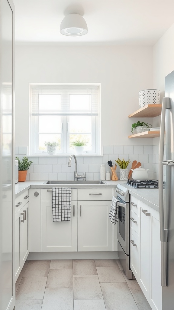 A small, brightly lit kitchen with white cabinetry, open shelving, and plants.