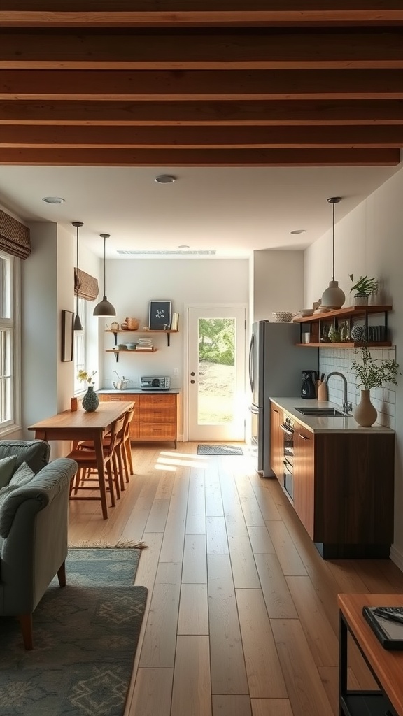 A small kitchen with an open layout featuring a dining area and modern appliances.