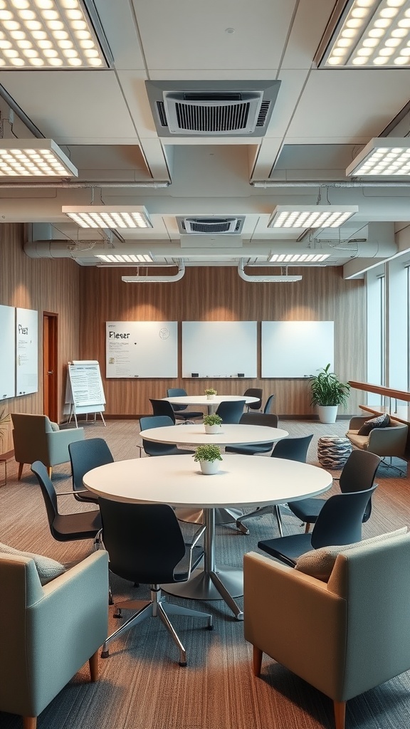A modern collaborative workspace with tables, chairs, and whiteboards, designed for teamwork.