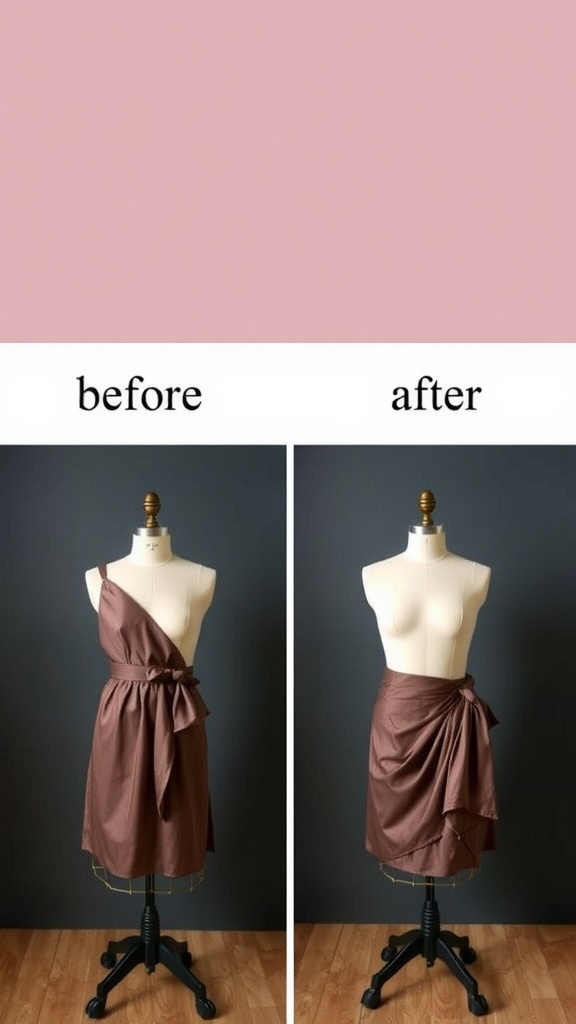 Before and after images of a wrap skirt showing different silhouettes.