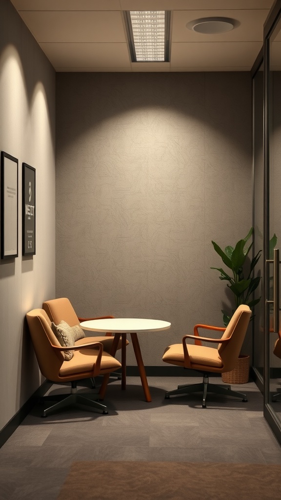 Cozy office corner with two chairs and a round table, featuring soft lighting and a potted plant.